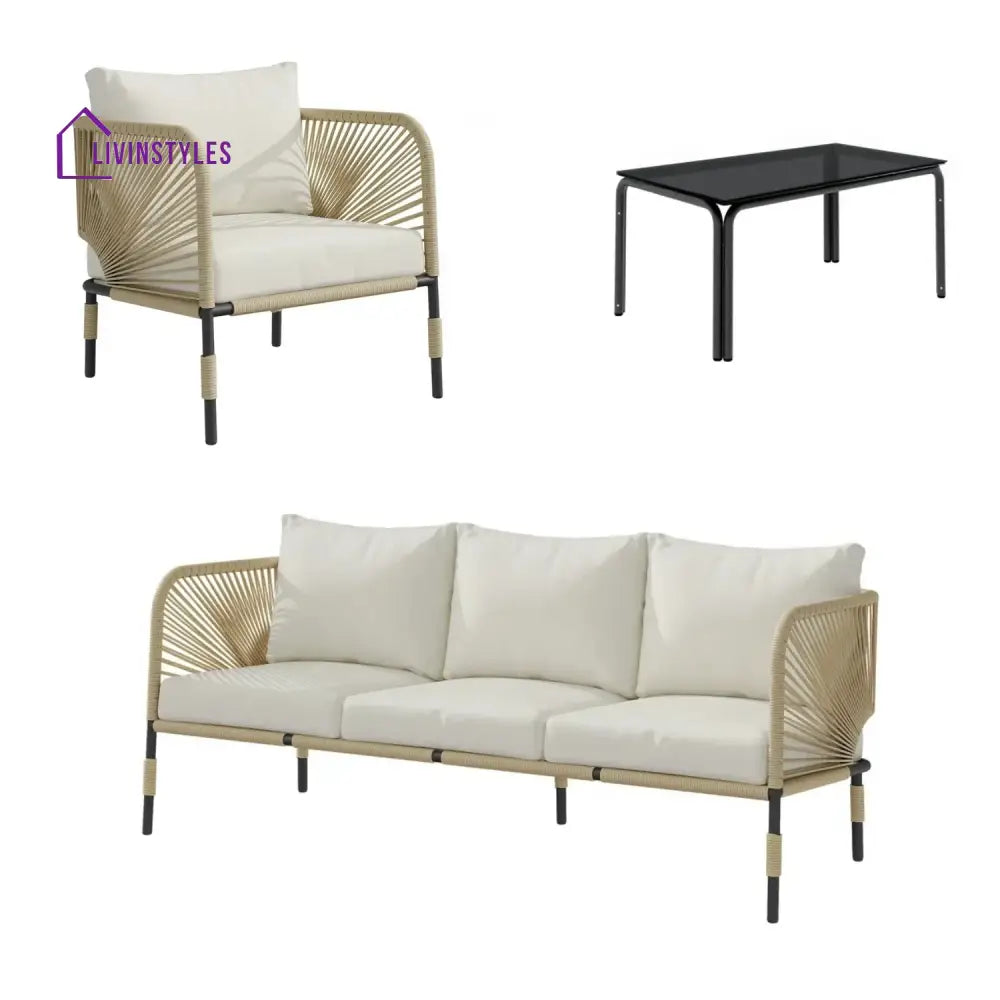 Amoura Outdoor Rope 5-Seater Sofa Set With Glass Top Table - Sofa Set