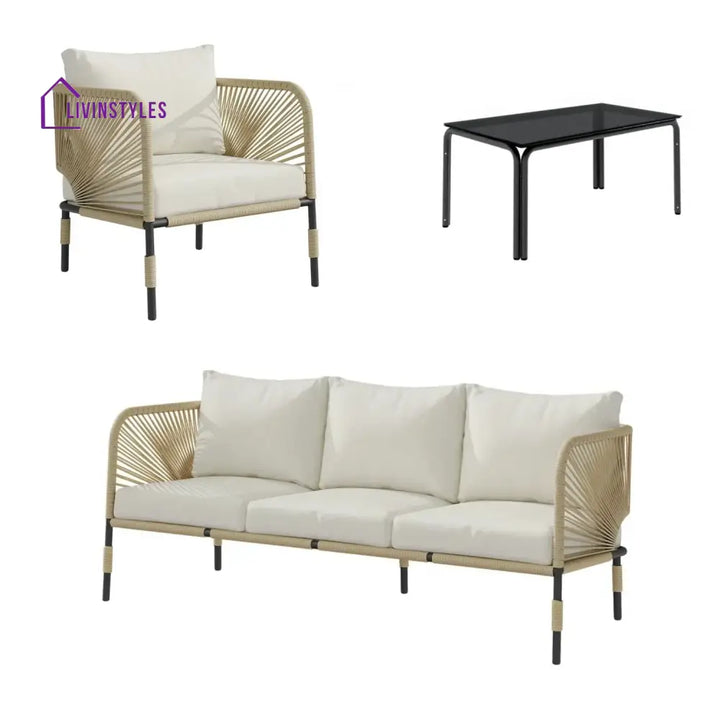 Amoura Outdoor Rope 5-Seater Sofa Set With Glass Top Table - Sofa Set