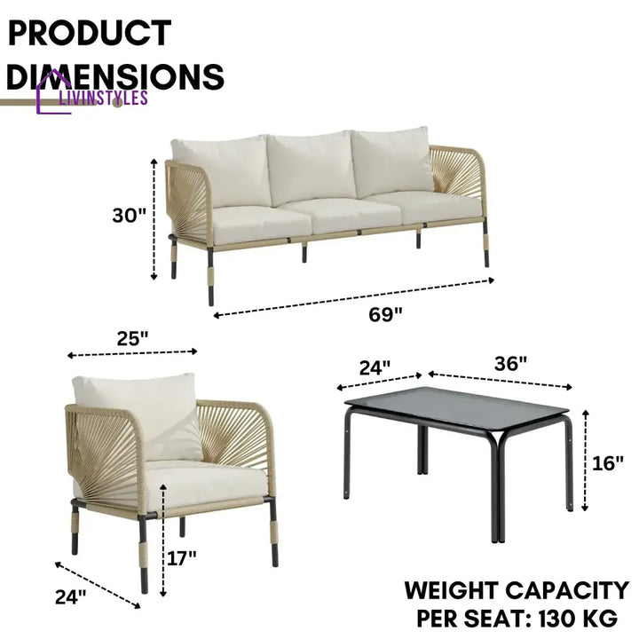 Amoura Outdoor Rope 5-Seater Sofa Set With Glass Top Table - Sofa Set