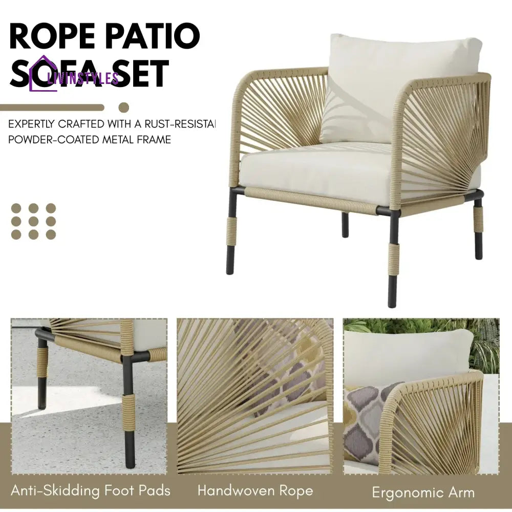 Amoura Outdoor Rope 5-Seater Sofa Set With Glass Top Table - Sofa Set