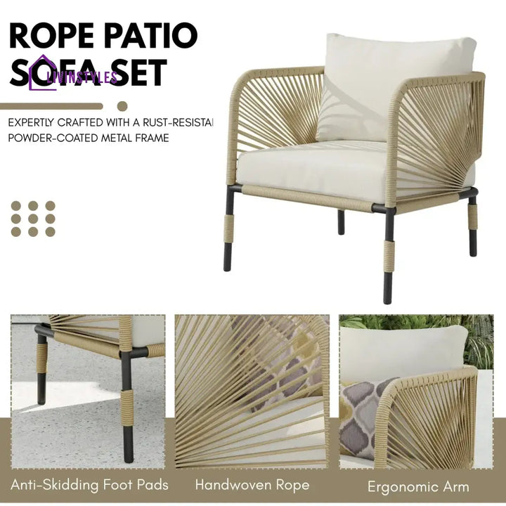 Amoura Outdoor Rope 5-Seater Sofa Set With Glass Top Table - Sofa Set