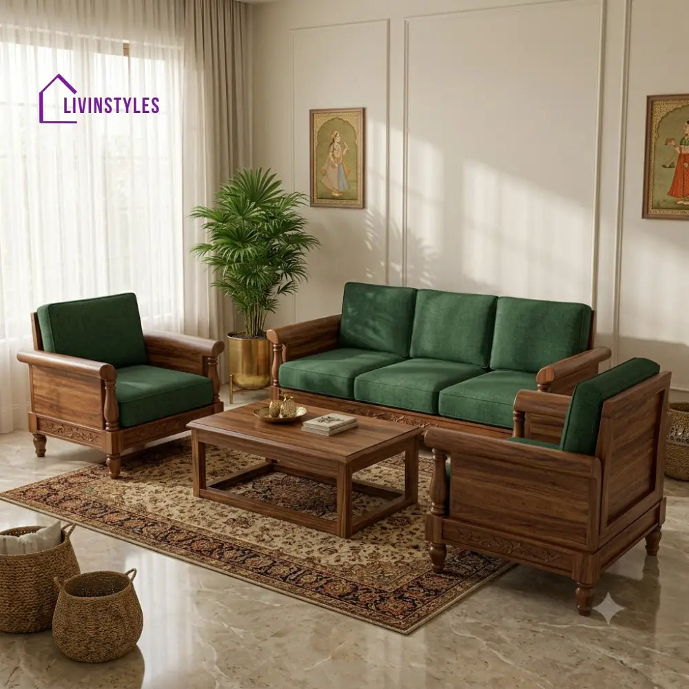 Amritha Wooden Sofa Set | 3 + 1 + 1 Sheesham Wood Sofa Set for Living Room