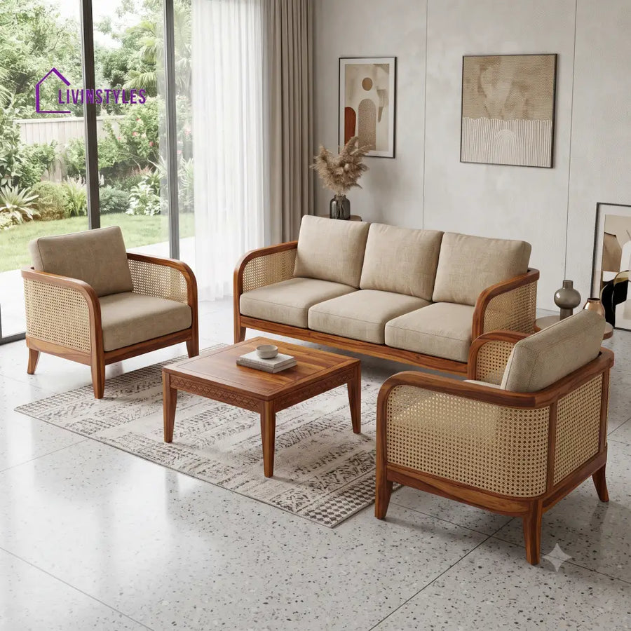 Amudha Wooden Sofa Set | 3 + 1 + 1 Sheesham Wood Sofa Set for Living Room