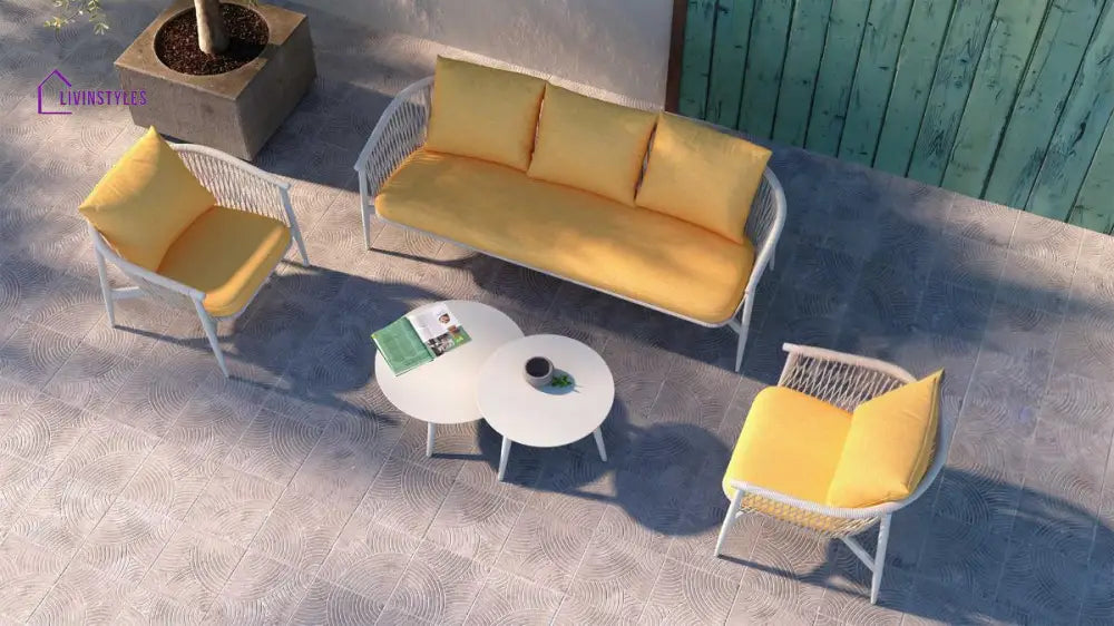 Amvi Outdoor Sofa Set 3 Seater 2 Single seater and 2 Center Table Set (White + Yellow) Braided & Rope - Sofa Sets