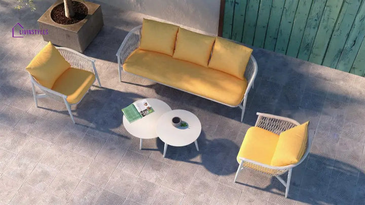 Amvi Outdoor Sofa Set 3 Seater 2 Single seater and 2 Center Table Set (White + Yellow) Braided & Rope - Sofa Sets