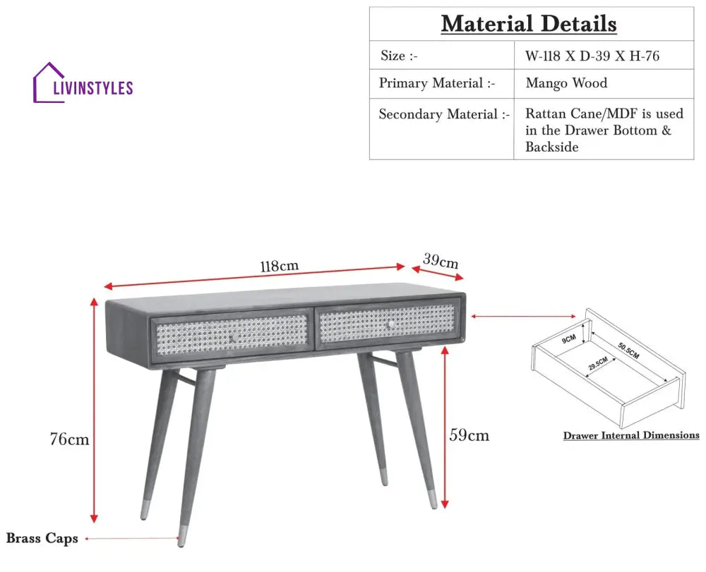 Ana Solid Wood Rattan Cane Study Laptop Table with Two Drawer Study Table