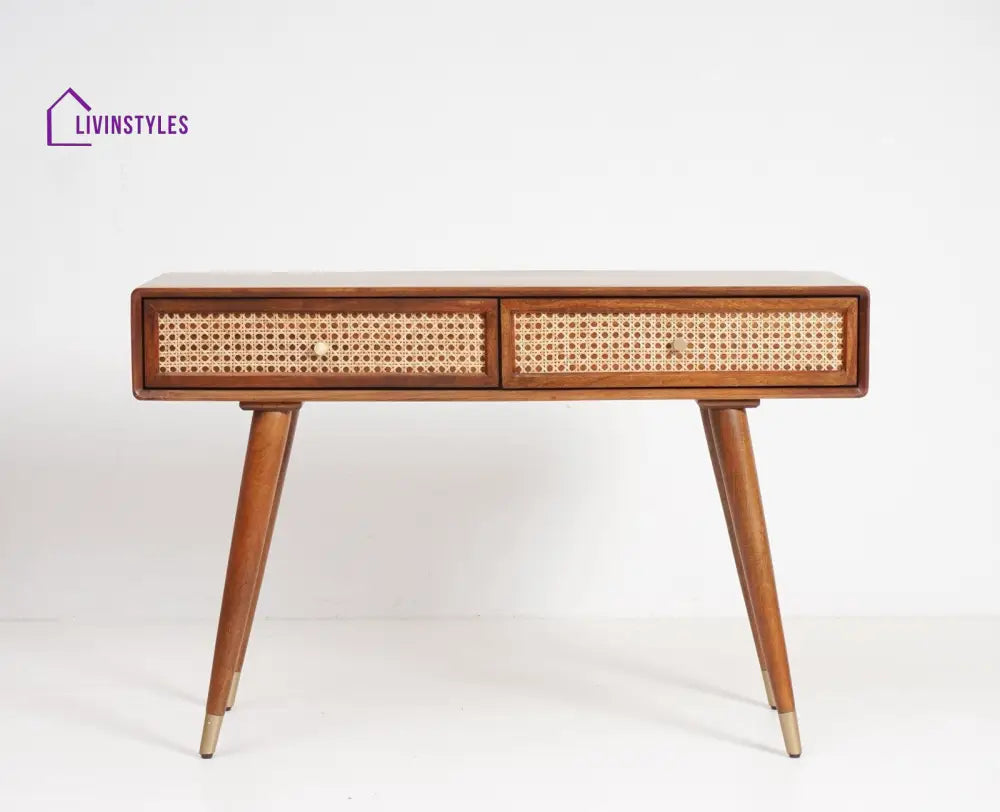 Ana Solid Wood Rattan Cane Study Laptop Table with Two Drawer Study Table