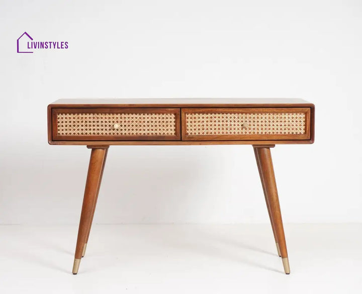 Ana Solid Wood Rattan Cane Study Laptop Table with Two Drawer Study Table