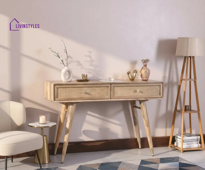 Ana Solid Wood Rattan Cane Study Laptop Table with Two Drawer Study Table