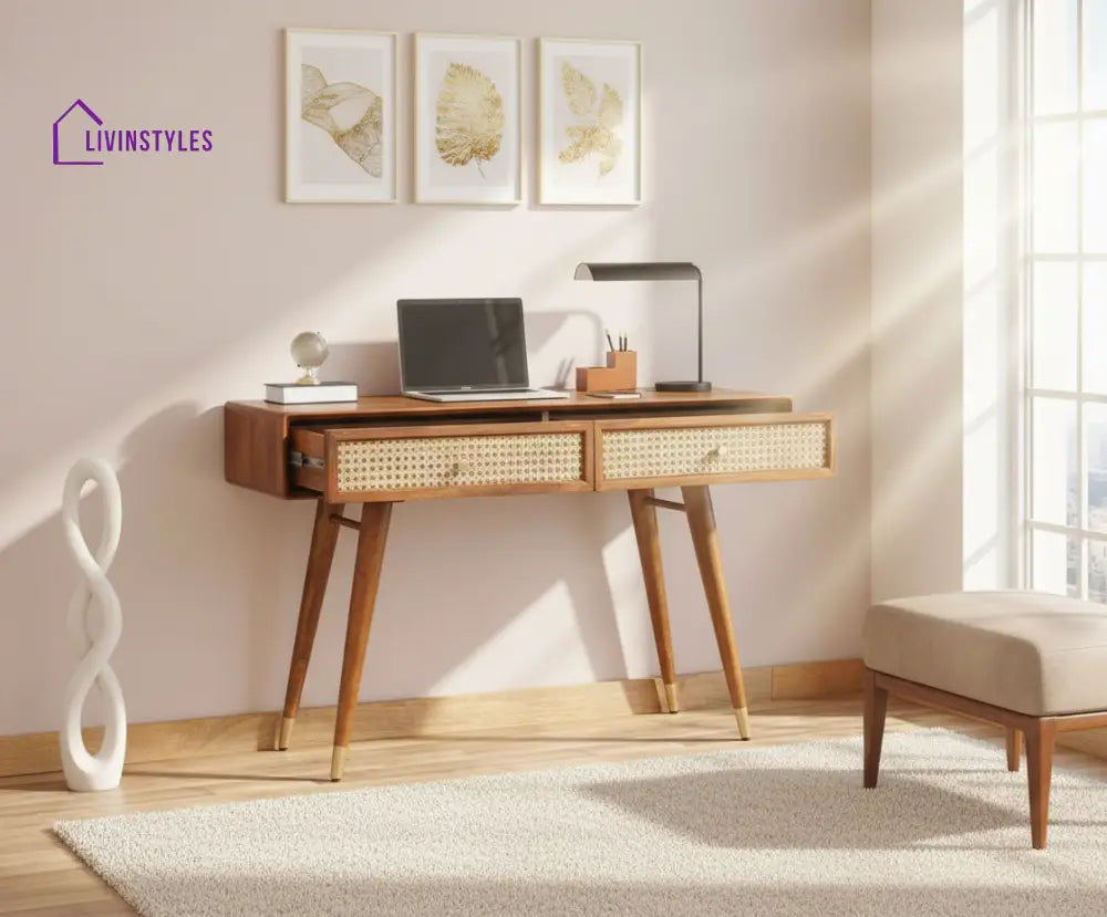 Ana Solid Wood Rattan Cane Study Laptop Table with Two Drawer Study Table