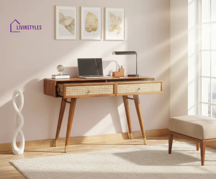 Ana Solid Wood Rattan Cane Study Laptop Table with Two Drawer Study Table