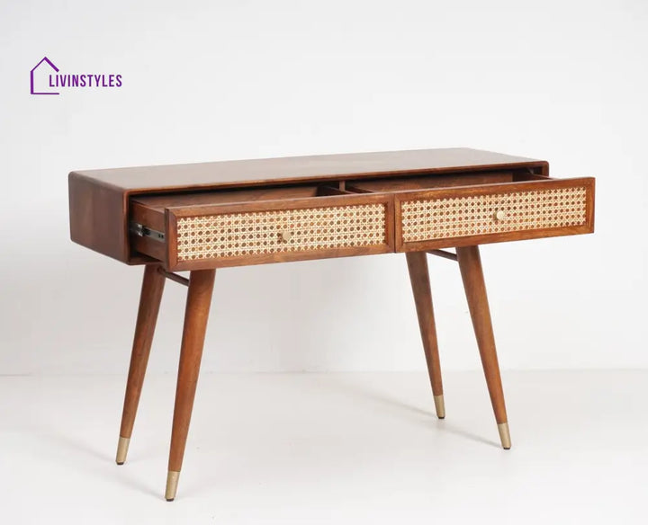 Ana Solid Wood Rattan Cane Study Laptop Table with Two Drawer Study Table