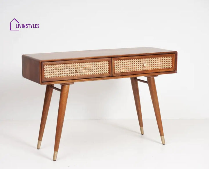 Ana Solid Wood Rattan Cane Study Laptop Table with Two Drawer Study Table