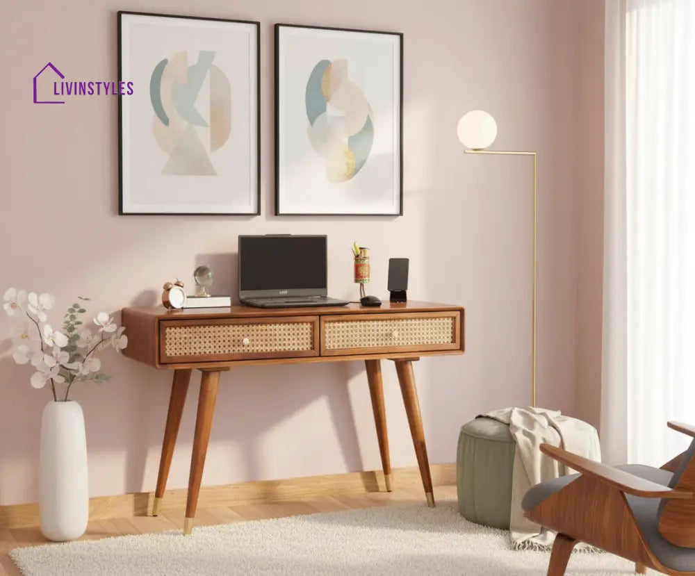 Ana Solid Wood Rattan Cane Study Laptop Table with Two Drawer Brown Finish Study Table