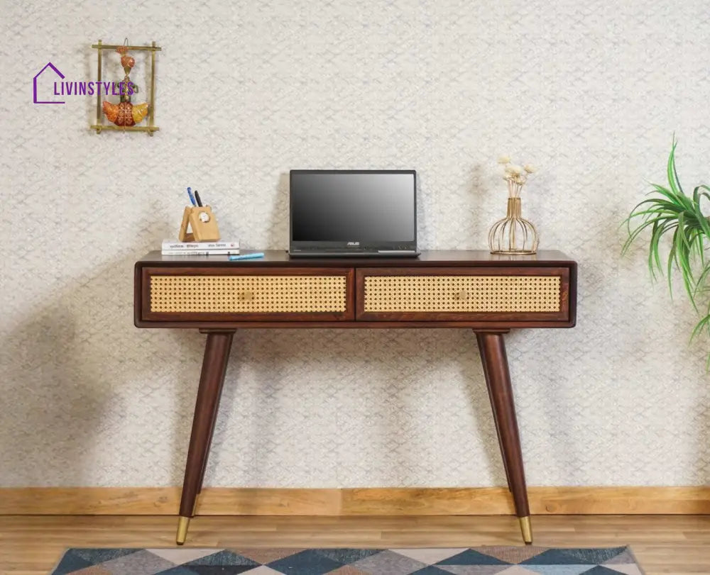 Ana Solid Wood Rattan Cane Study Laptop Table with Two Drawer Grey Finish Study Table