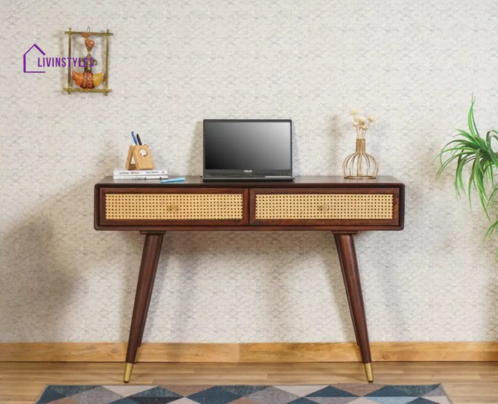 Ana Solid Wood Rattan Cane Study Laptop Table with Two Drawer Grey Finish Study Table