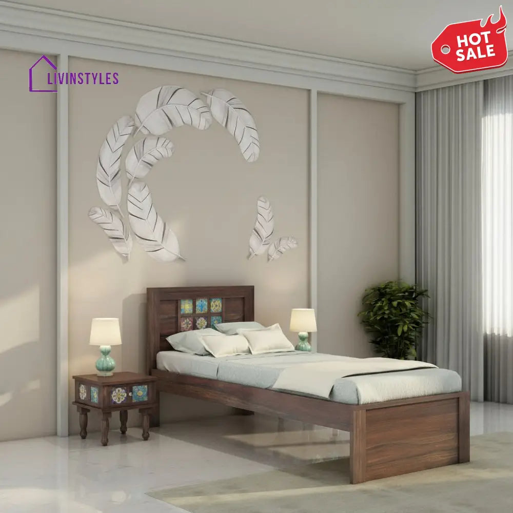 Anabel Solid Sheesham Wood Single Bed Without Storage (Walnut Finish) Bed