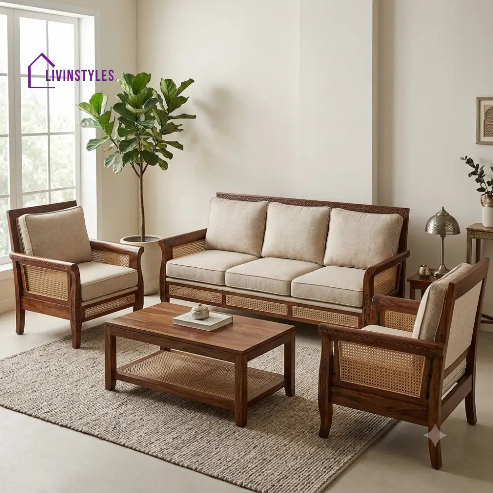 Anagha Wooden Sofa Set | 3 + 1 + 1 Sheesham Wood Sofa Set for Living Room