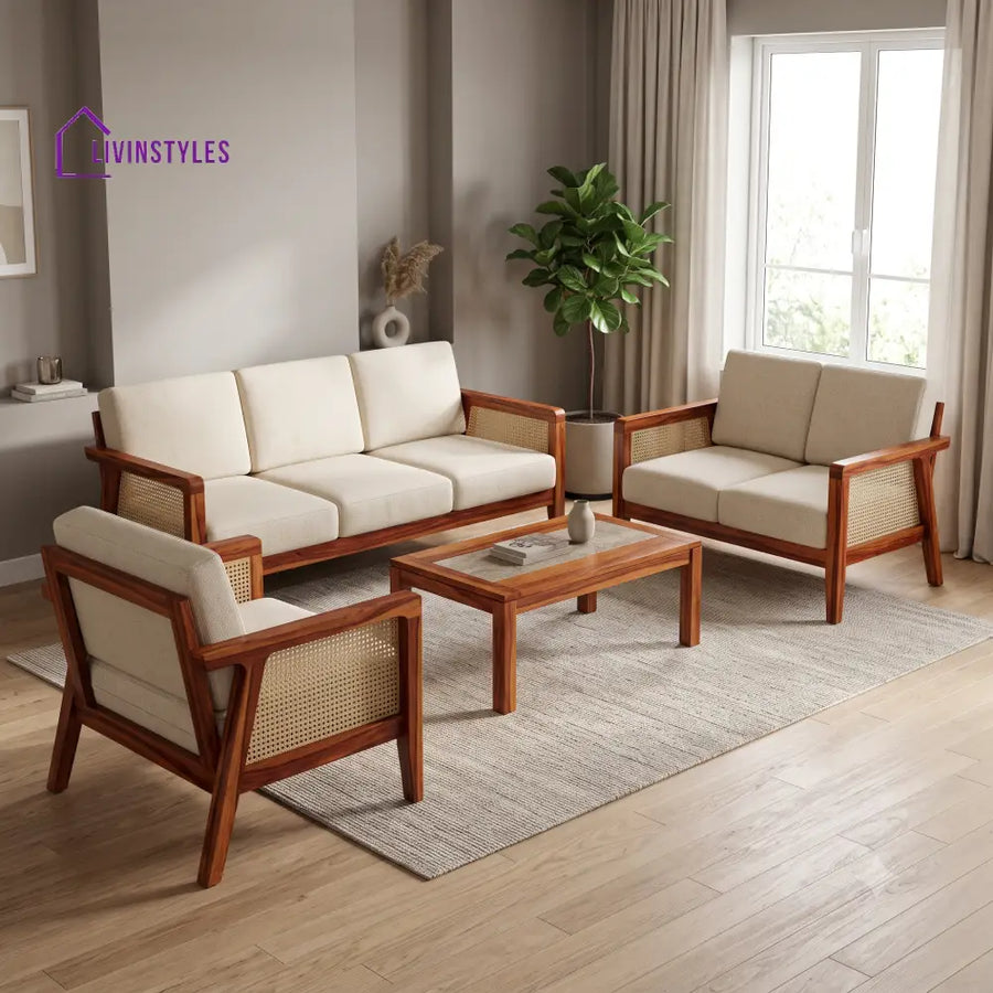 Anais Premium Wooden Sofa Set for Living Room | 3 + 1 + 1 Seater Sheesham Wood Sofa Set
