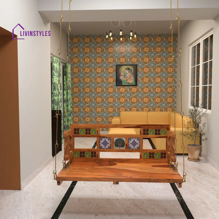 Anaisha Heritage Tiles Fitted Large Handmade Wooden Swing for Home Swing