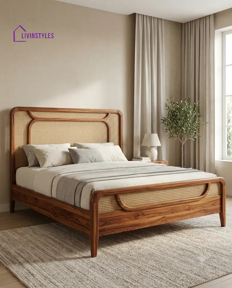 Anand Wooden Bed with Cane Weaving Headboard Design | Bed without Storage