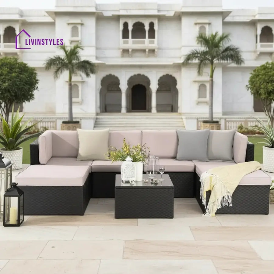 Ananya 7-Piece Rattan & Wicker Sectional Set (Black/Cream)