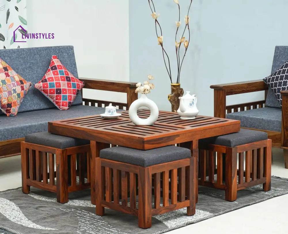 Anastasia Coffee Table with 4 Stools | Wooden Coffee Table for Living Room Coffee Table