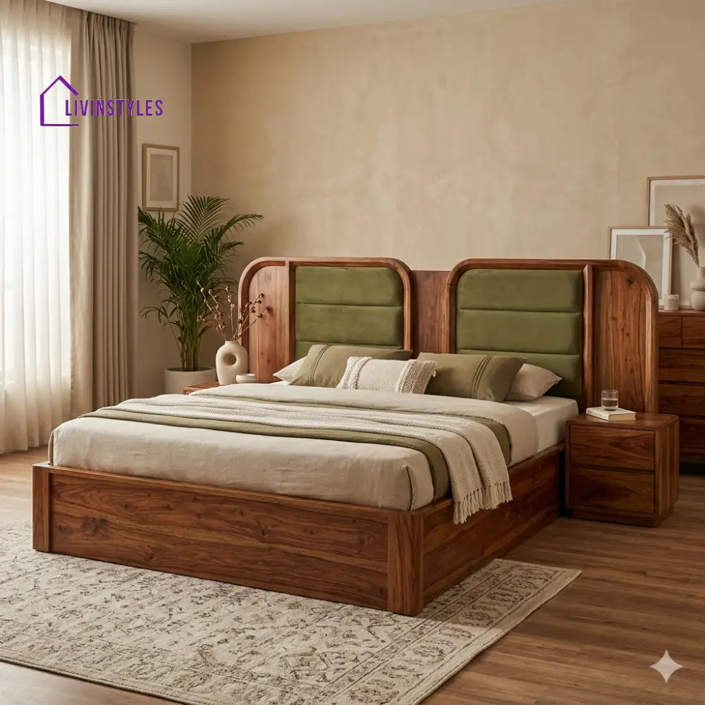 Anastasia Premium Sheesham Wood Bed with Velvet Headboard