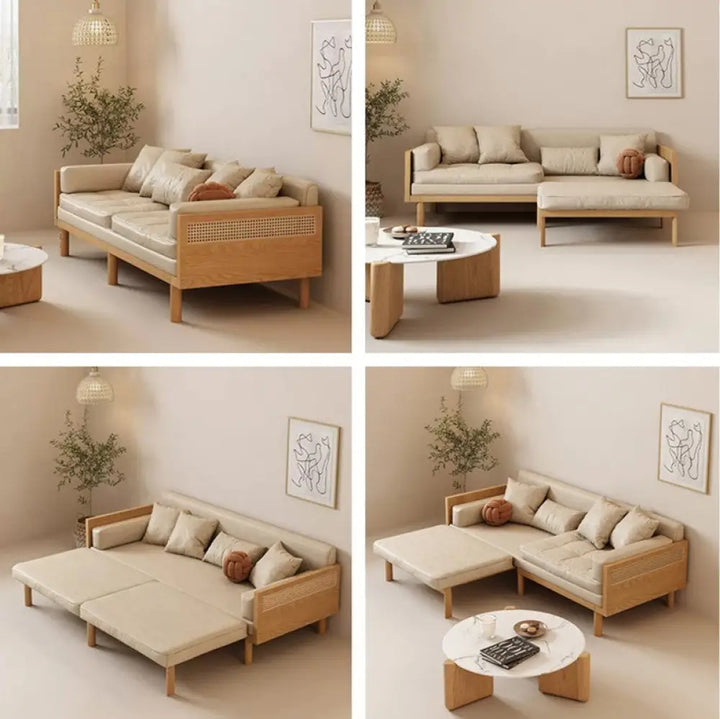 Janpandi Pull Out Multifunction Solid Wood Frame Sofa Bed Natural Color / Leathaire Cloth SOFA BED