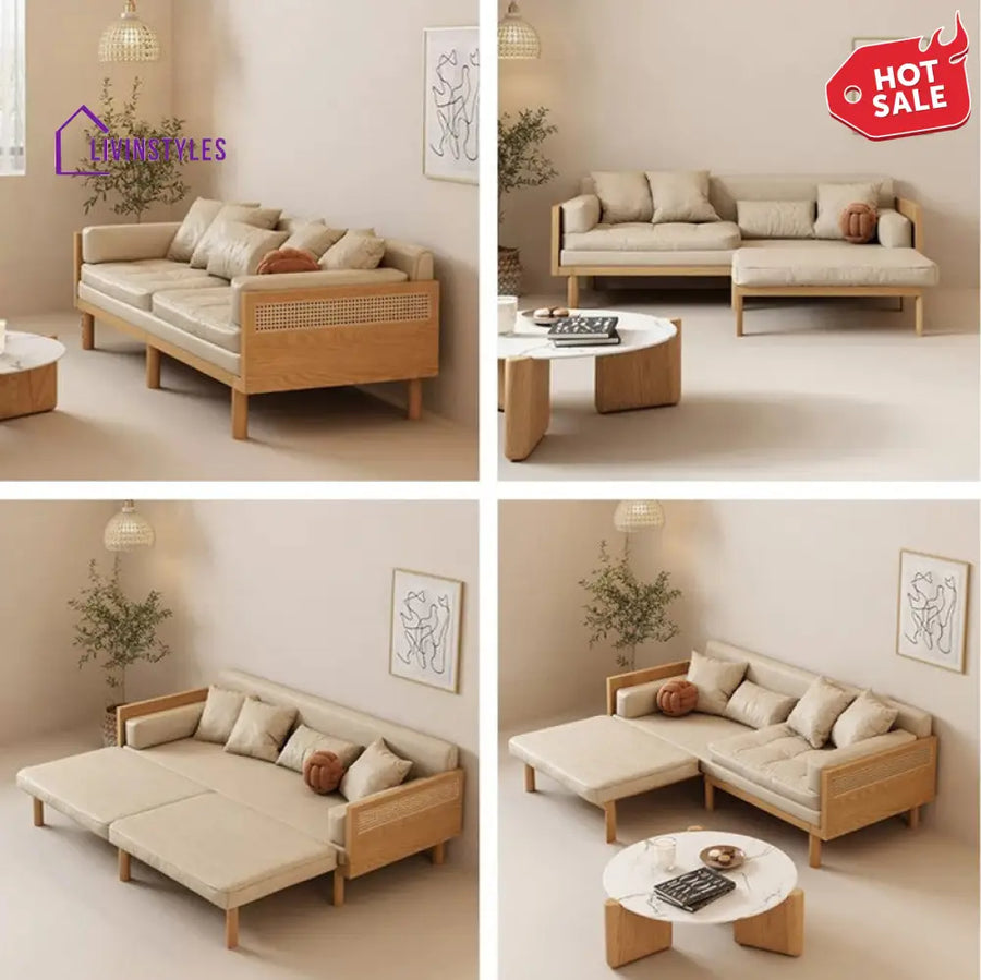 Janpandi Pull Out Multifunction Solid Wood Frame Sofa Bed Natural Color / Leathaire Cloth SOFA BED