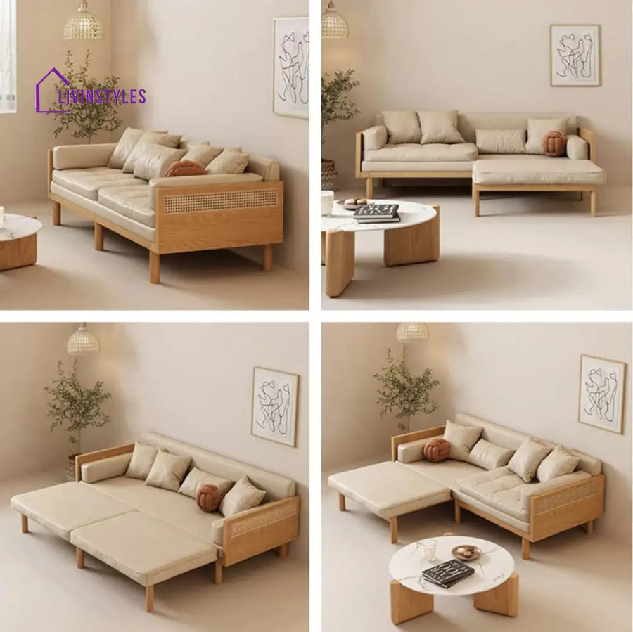 Janpandi Pull Out Multifunction Solid Wood Frame Sofa Bed Natural Color / Leathaire Cloth SOFA BED