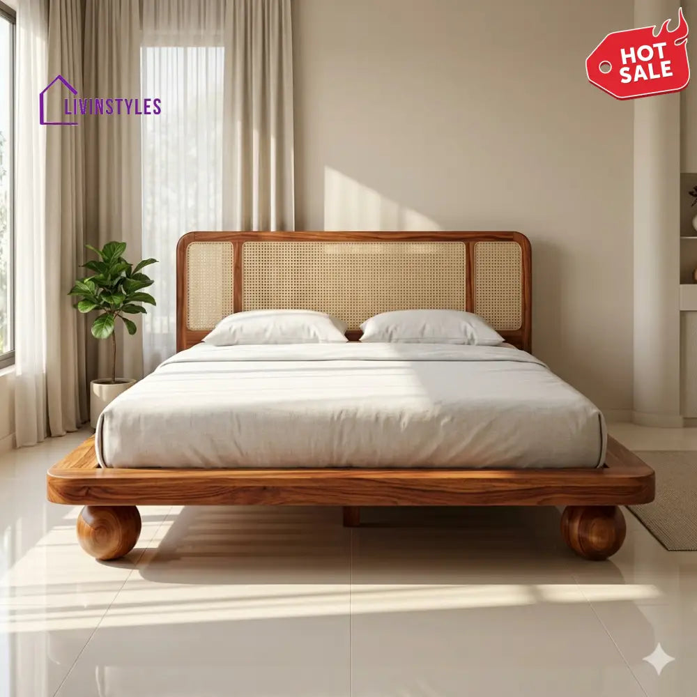Anastasia Sheesham Wood Bed with Ball Shaped Legs and Cane Weaving Headboard