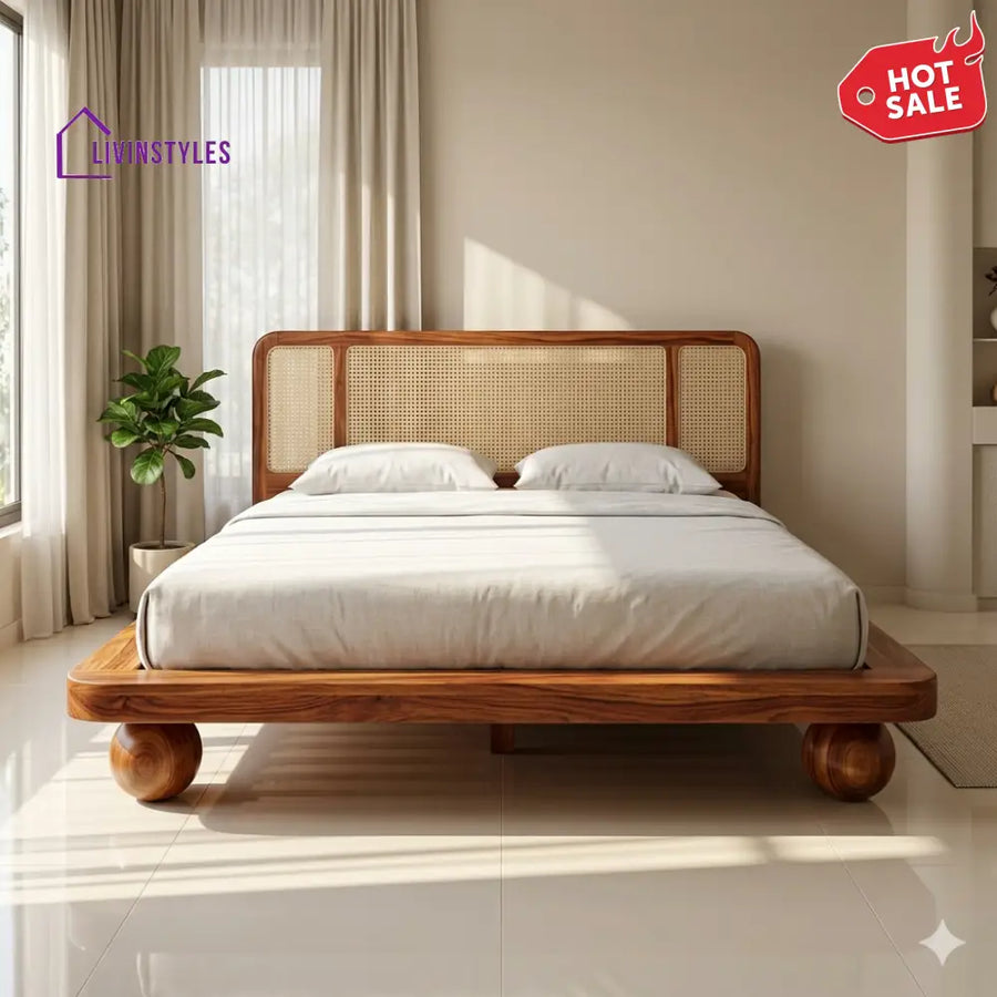 Anastasia Sheesham Wood Bed with Ball Shaped Legs and Cane Weaving Headboard