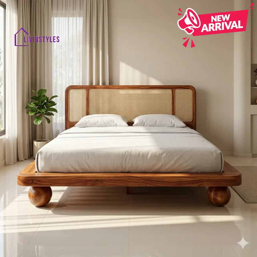 Anastasia Sheesham Wood Bed with Ball Shaped Legs and Cane Weaving Headboard