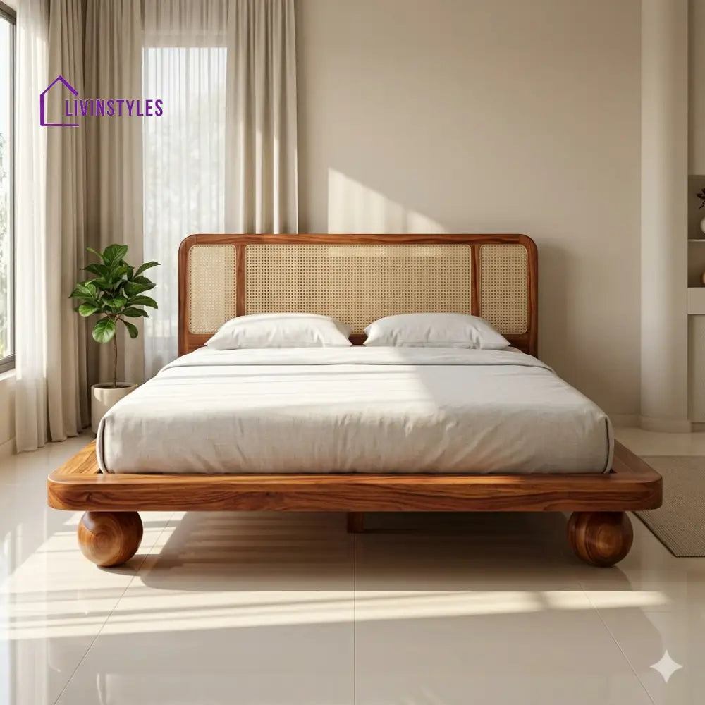 Anastasia Sheesham Wood Bed with Ball Shaped Legs and Cane Weaving Headboard