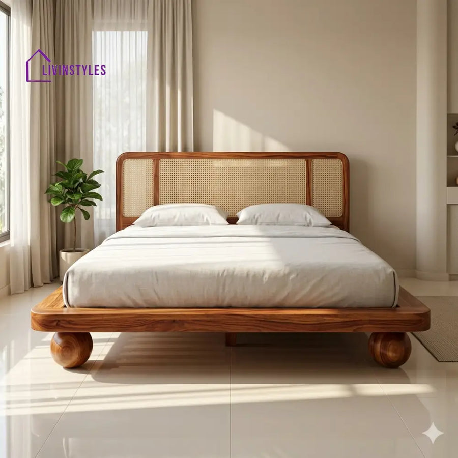 Anastasia Sheesham Wood Bed with Ball Shaped Legs and Cane Weaving Headboard