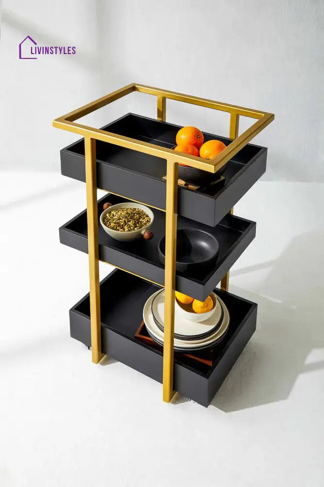 Anatolii Three Level Bar Trolley Black & Gold / Sheesham Wood Bar Furniture