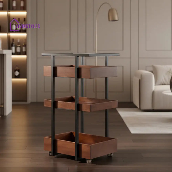 Anatolii Three Level Bar Trolley Brown & Black / Sheesham Wood Bar Furniture