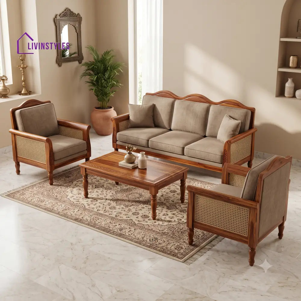 Anbarasi Wooden Sofa Set | 3 + 1 + 1 Sheesham Wood Sofa Set for Living Room