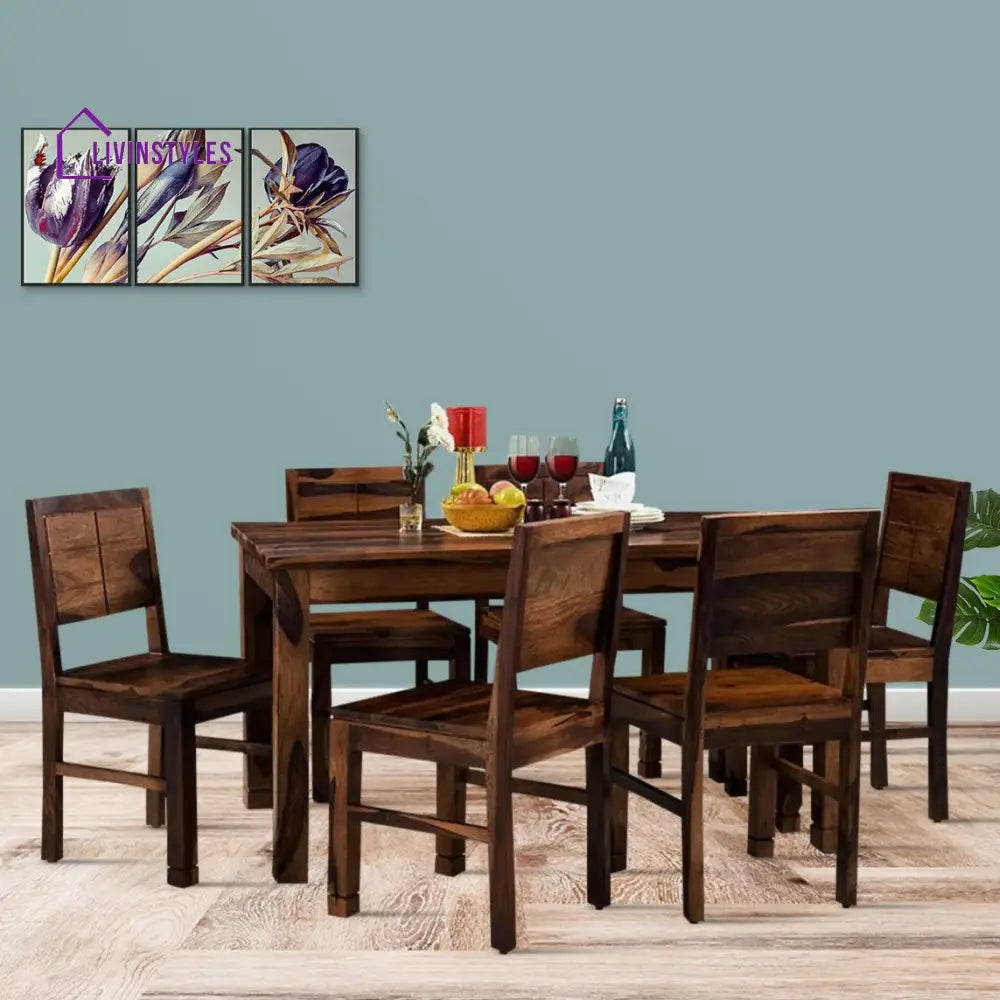 Bruno Wooden 6 Seater Dining Table Set in Teak Finish Kitchen & Dining Furniture Sets