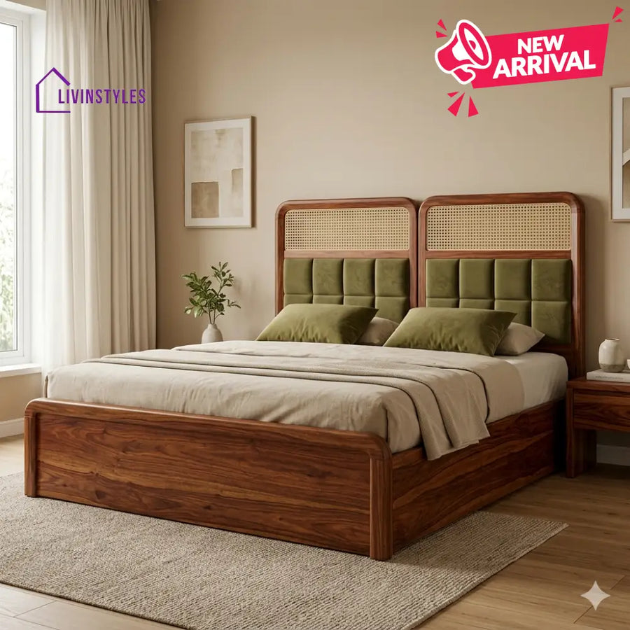 Andrei Premium Sheesham Wood Bed with Velvet Headboard