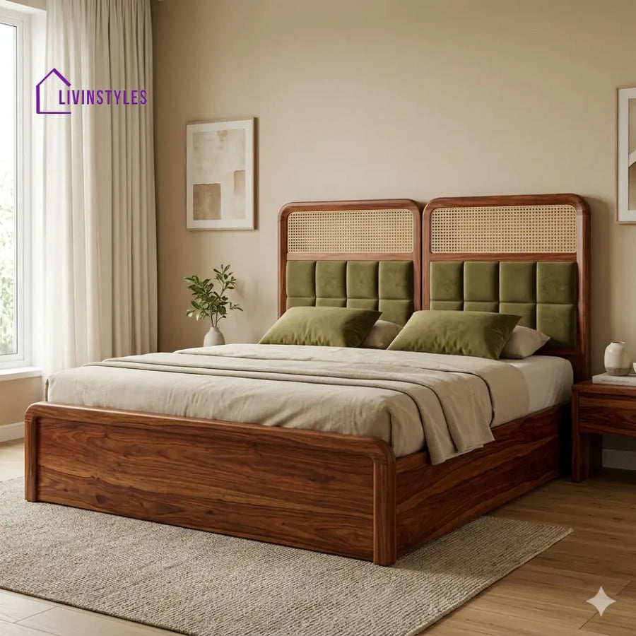 Andrei Premium Sheesham Wood Bed with Velvet Headboard