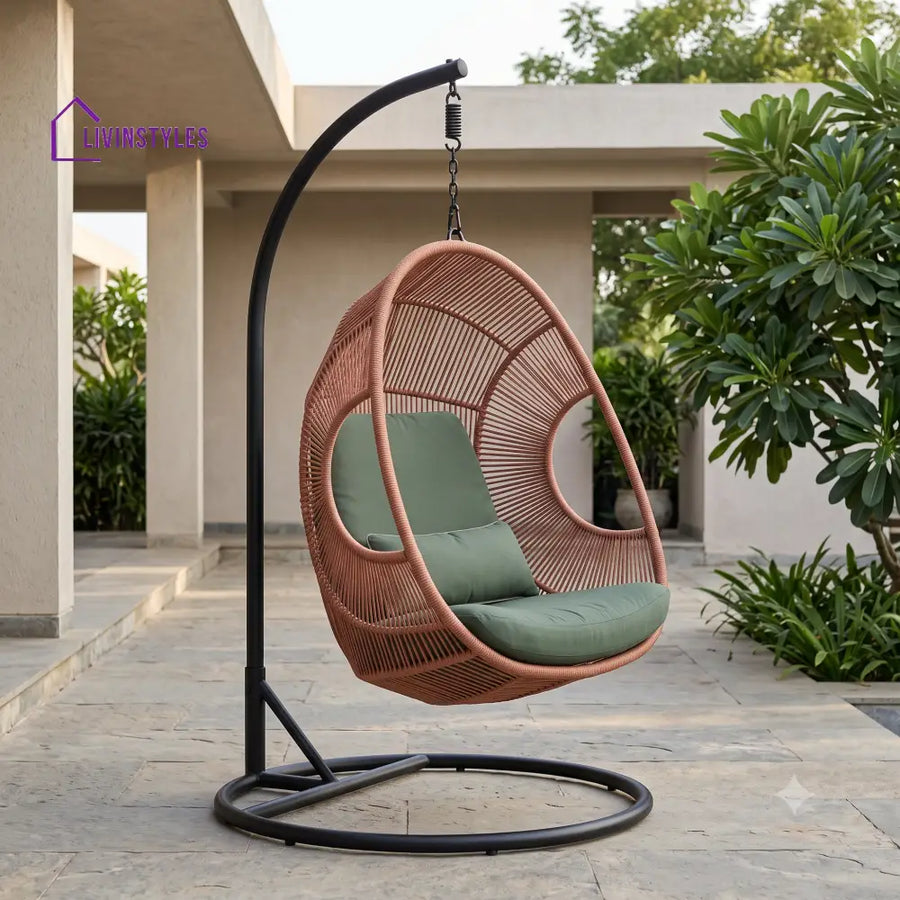 Angele Single Seater Metal Swing Chair With Stand And Rope Weave Seating