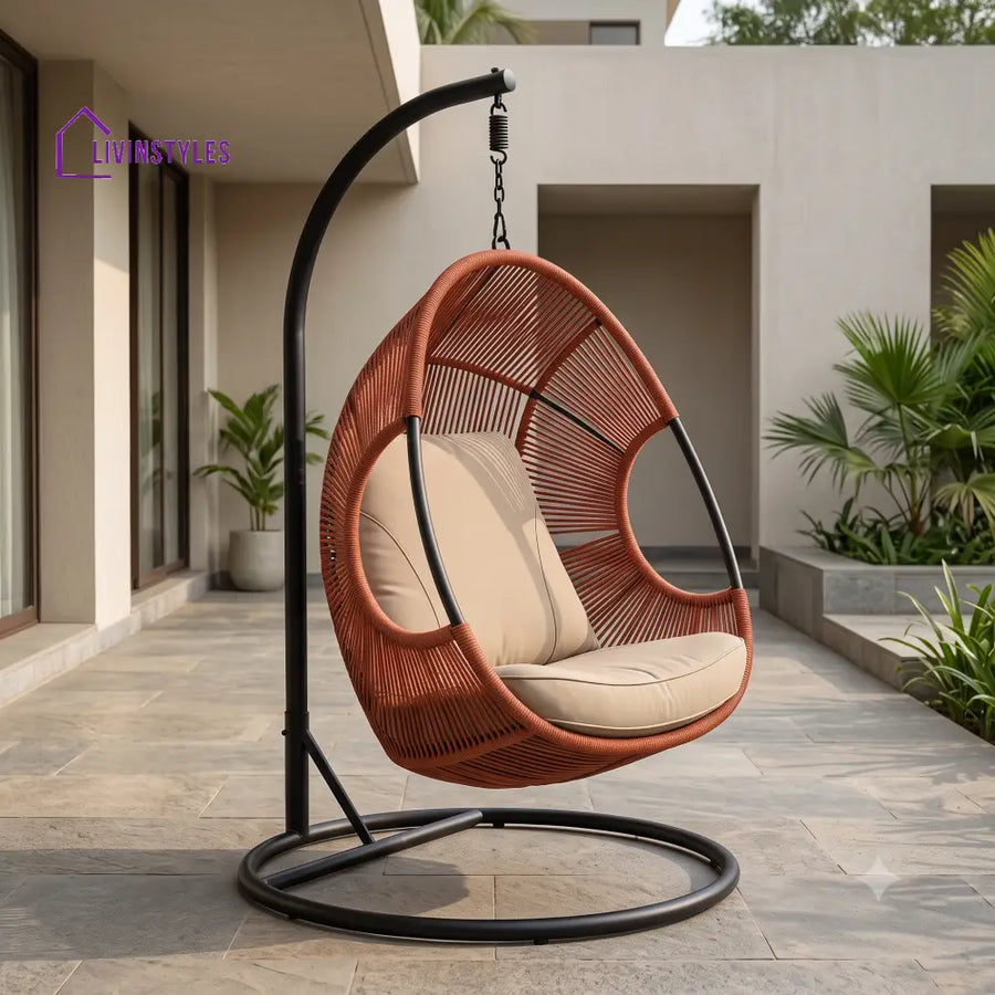 Angeline Metal Frame Swing Chair with Stand and Rope Woven Seat