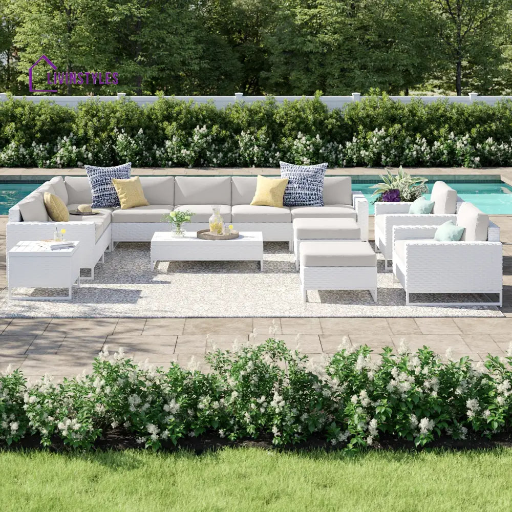 Angerona Outdoor Sofa Set 7 Seater 2 Single seater and 1 Center Table 1 Side Table With 2 Ottoman Set (White) Beige