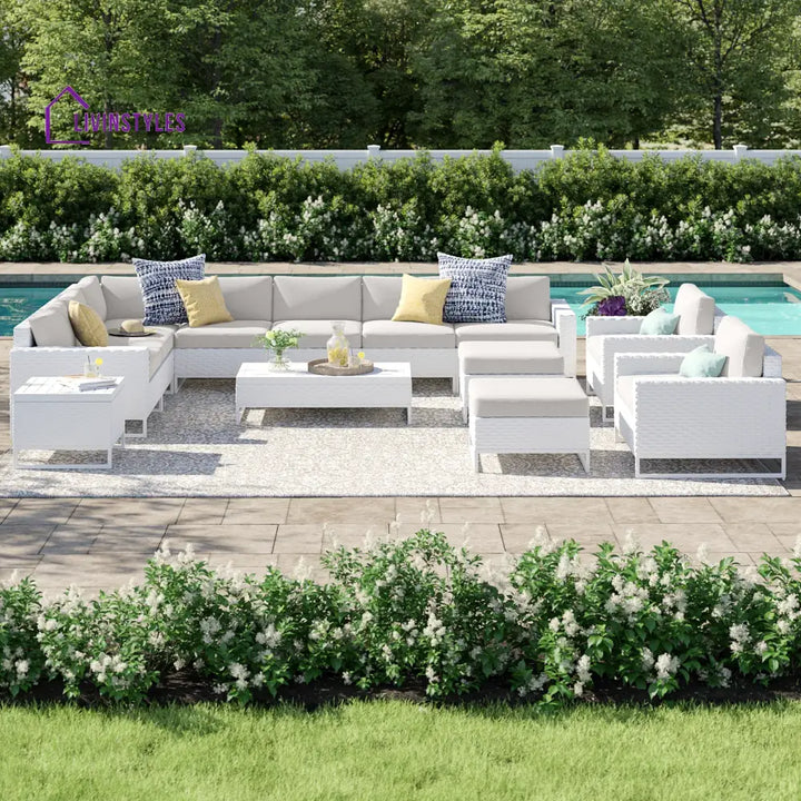 Angerona Outdoor Sofa Set 7 Seater 2 Single seater and 1 Center Table 1 Side Table With 2 Ottoman Set (White) Beige