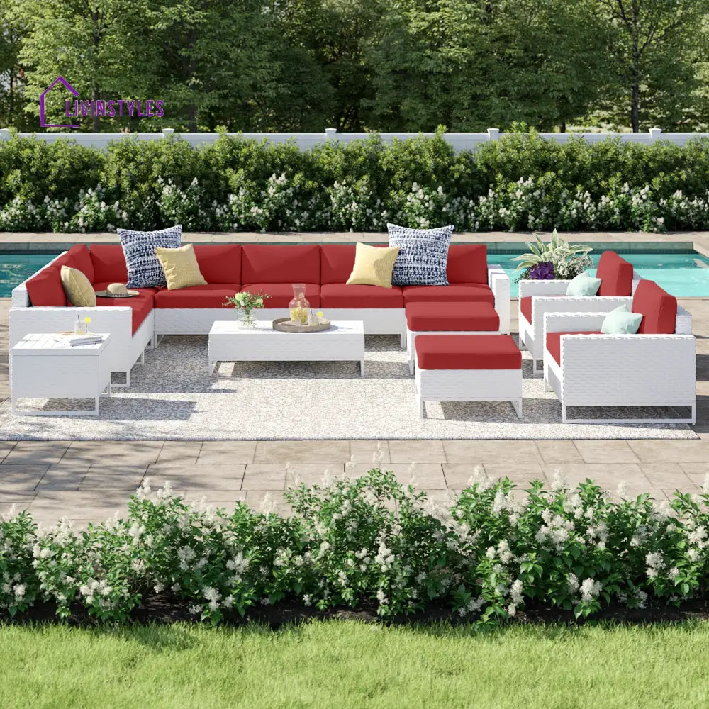 Angerona Outdoor Sofa Set 7 Seater 2 Single seater and 1 Center Table 1 Side Table With 2 Ottoman Set (White) Dark Red