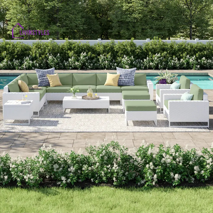 Angerona Outdoor Sofa Set 7 Seater 2 Single seater and 1 Center Table 1 Side Table With 2 Ottoman Set (White) Green