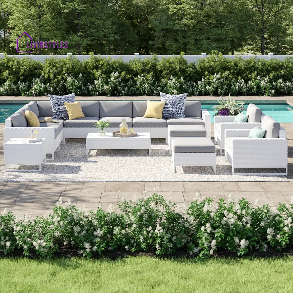 Angerona Outdoor Sofa Set 7 Seater 2 Single seater and 1 Center Table 1 Side Table With 2 Ottoman Set (White) Grey Sofa