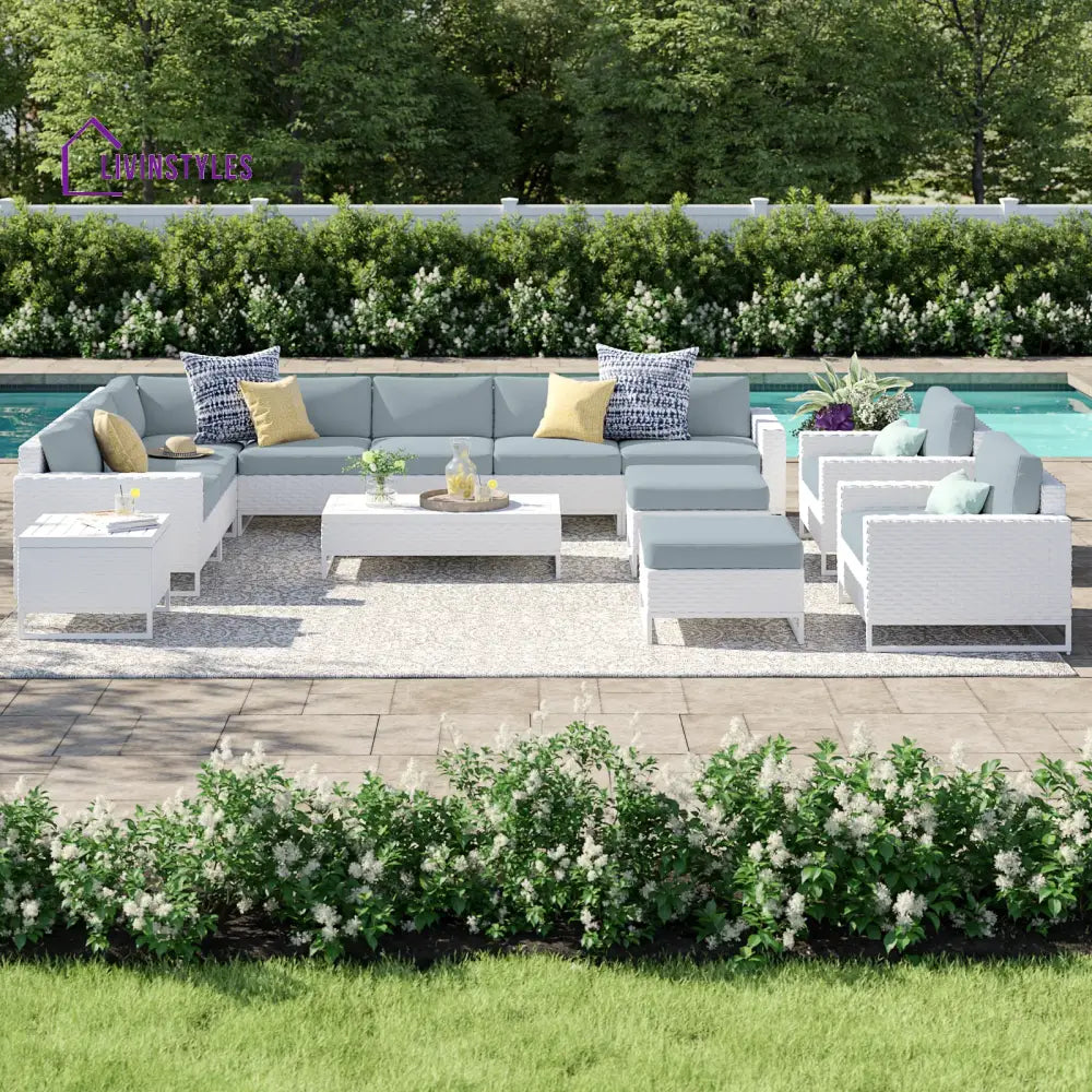 Angerona Outdoor Sofa Set 7 Seater 2 Single seater and 1 Center Table 1 Side Table With 2 Ottoman Set (White) Light